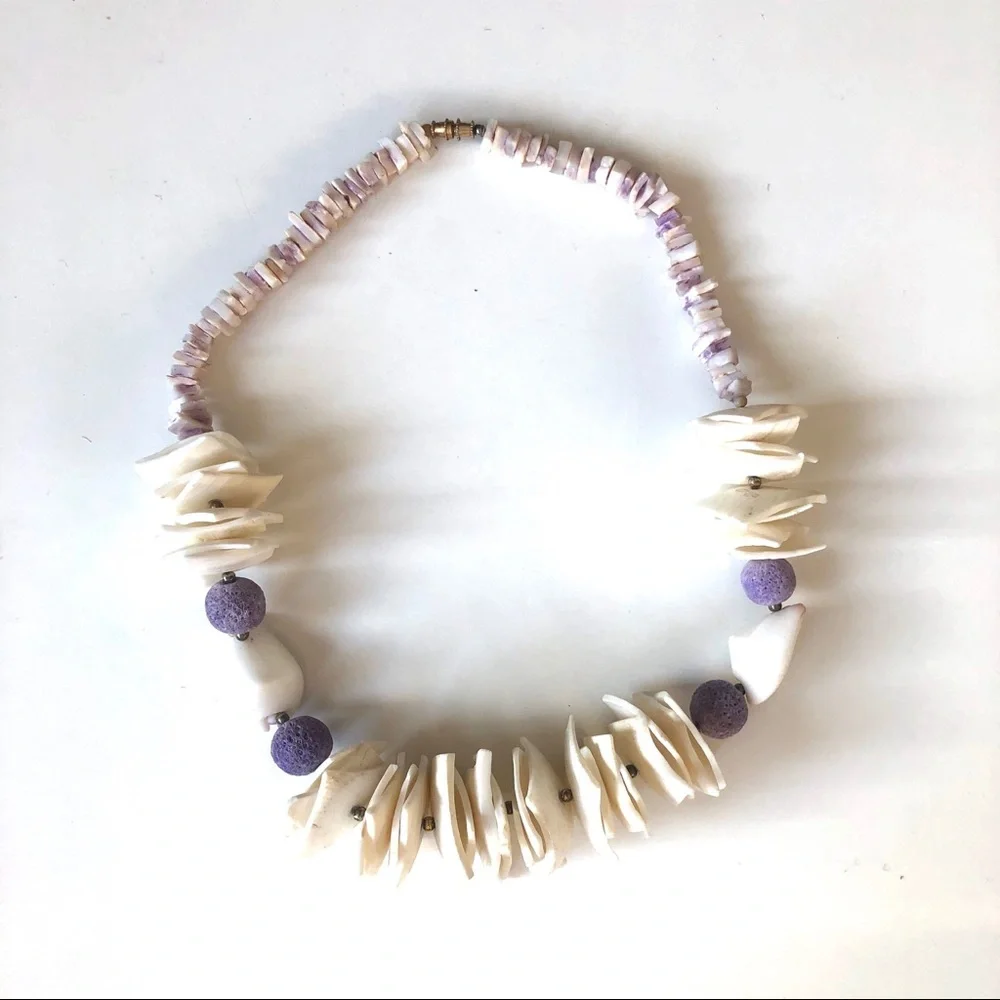 Hawaiian Cream and Purple Beaded Pula Necklace